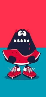 Colorful cartoon monster in red and blue wallpaper design.