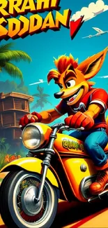 Bright cartoon character on a motorbike with a tropical background.