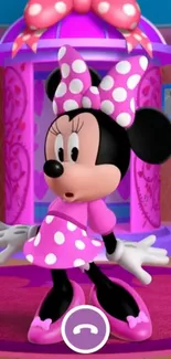 Cartoon mouse in pink attire with a vibrant background.