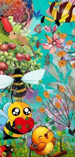 Vibrant cartoon nature wallpaper with bees, flowers, and bugs on a turquoise background.