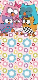 Colorful owl wallpaper with floral background