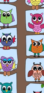 Colorful cartoon owls perched on a tree with a light blue background.