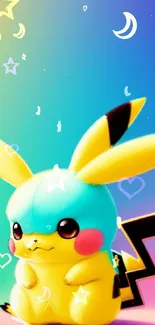 Colorful cartoon Pikachu on rainbow gradient background.