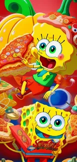 Vibrant cartoon characters holding pizzas in a red-themed fantasy setting.