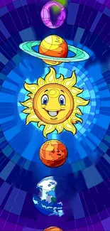 Cartoon planets and sun in vibrant blue theme.