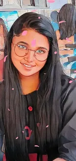 Cartoon-style image of smiling girl with long hair and glasses.