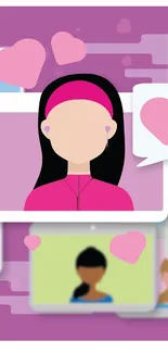 Cartoon profiles with pink hearts on a vibrant wallpaper.