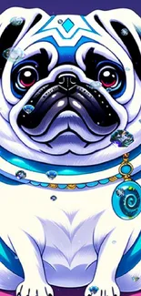 Cartoon pug with blue collar on purple background.