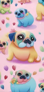 Adorable colorful cartoon pugs on a pastel pink wallpaper.