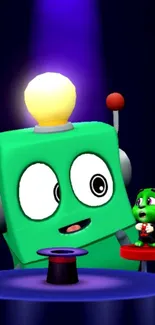 Cheerful cartoon robot with green friend.