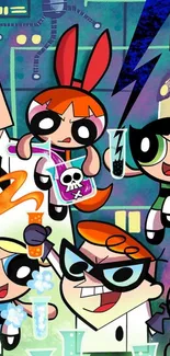 Colorful cartoon characters in a lab setting.