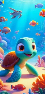 Cartoon sea turtle with colorful fish underwater wallpaper.