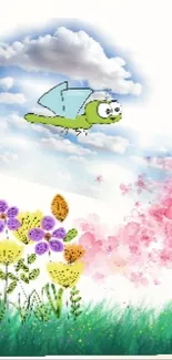 A colorful cartoon scene with clouds, flowers, and a flying creature.