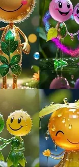 Colorful cartoon smiley characters under the rain.