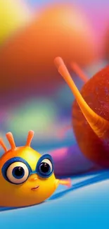 Colorful cartoon snail and fish on vibrant background.