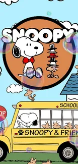 Snoopy cartoon wallpaper with school bus scene and colorful design.