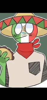 Cartoon character with sombrero and taco, vibrant Mexican design.