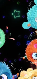 Cartoon creatures and stars on black mobile wallpaper.