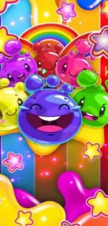 Cartoon stars and colorful blobs with rainbow background.