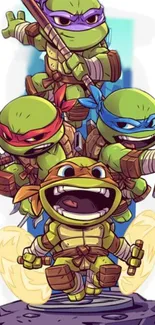 Colorful cartoon turtle heroes in action-packed wallpaper.