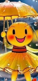 Cheerful cartoon character holding an umbrella with vibrant colors.