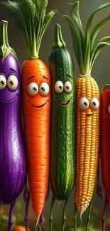 Colorful cartoon vegetables with funny expressions.