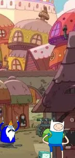 Cartoon village with colorful buildings and characters in a whimsical setting.