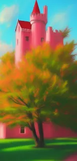 A pink castle beside a vibrant autumn tree.