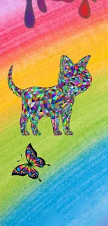 Geometric rainbow cat with butterfly on colorful background.