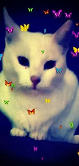 White cat with colorful butterflies on dark background.