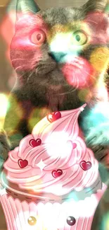 Colorful cat with cupcake mobile wallpaper art.