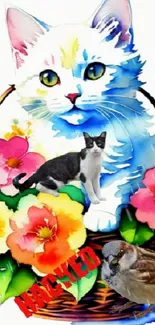 Watercolor cat in a flower basket with vibrant colors.