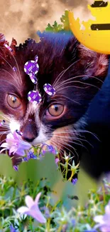 Vibrant digital art of a cat with flowers.