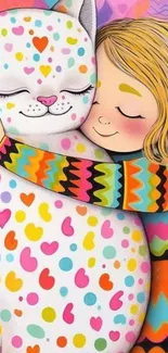 A girl lovingly hugs a colorful, spotted cat with hearts and patterns.