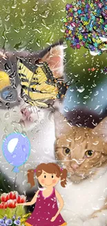 Colorful wallpaper featuring cats, butterflies, and raindrops.