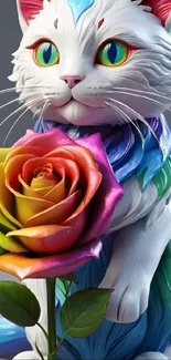 Vivid 3D cat with multicolored rose, ideal for mobile wallpaper.