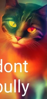 Colorful cat anti-bullying wallpaper with striking eyes.