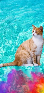 A playful cat on turquoise water background with rainbow colors.