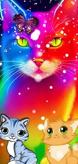 Vibrant neon cat with butterfly and kittens, colorful wallpaper.