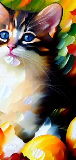 Vibrant abstract cat art wallpaper with bold, colorful brush strokes.