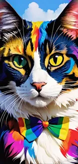 Vibrant rainbow-colored cat with bowtie in abstract design.