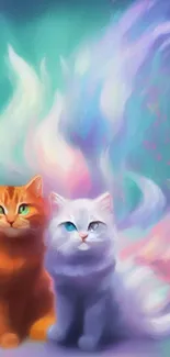 Vibrant mobile wallpaper featuring two cats surrounded by pastel colors.