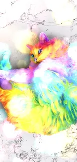 Vibrant, rainbow-colored cat on white marble background.