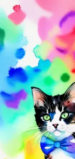 Vibrant watercolor cat with colorful background.