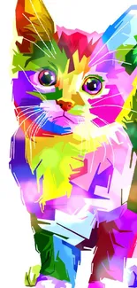 Colorful artistic cat on a mobile phone wallpaper with vibrant colors.