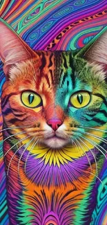 Psychedelic cat with vibrant colors and patterns.