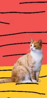 Colorful abstract cat wallpaper with red and yellow hues.