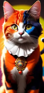 A vibrant multicolored cat with a neon circle background in a mobile wallpaper.