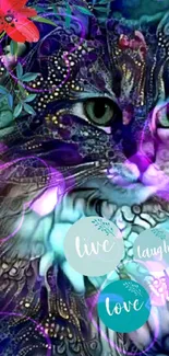 Colorful abstract cat artwork with inspirational quotes on a mobile wallpaper.