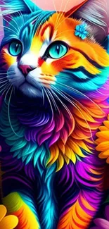 Vibrant and colorful cat art with floral accents for mobile wallpaper.